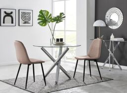 FurnitureboxUK Selina Round Glass Chrome Leg Dining Table & 2 Corona Black Leg Chairs in Beige - Size: 2 Person - thumbnail 1