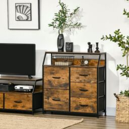 HOMCOM Industrial Drawer Chest 5 Drawers Dresser with Open Shelf in Brown - thumbnail 1
