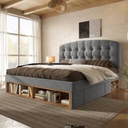 Merax 5FT Velvet Upholstered King Storage Bed with Adjustable Headboard in Grey - thumbnail 8