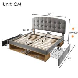 Merax 5FT Velvet Upholstered King Storage Bed with Adjustable Headboard in Grey - thumbnail 2