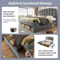 Merax 5FT Velvet Upholstered King Storage Bed with Adjustable Headboard in Grey - thumbnail 4