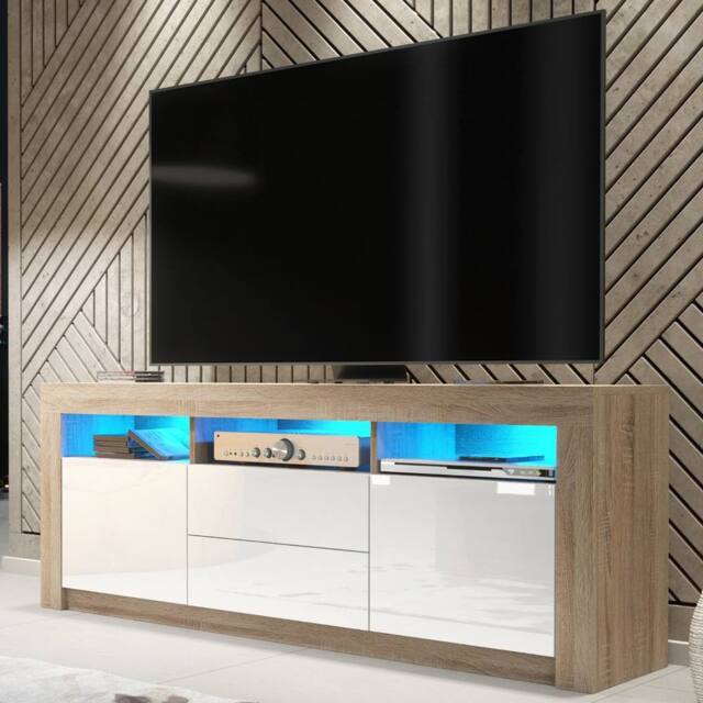 Mex Furniture LTD TV Unit Shine 160cm - Oak & White Gloss Doors & LED Lights - image 1