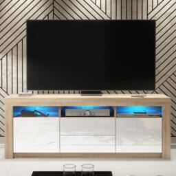 Mex Furniture LTD TV Unit Shine 160cm - Oak & White Gloss Doors & LED Lights - thumbnail 4