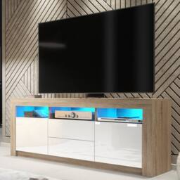Mex Furniture LTD TV Unit Shine 160cm - Oak & White Gloss Doors & LED Lights - thumbnail 1