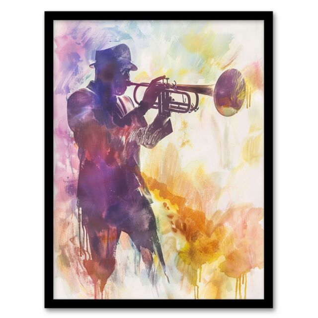 "Artery8 Trombonist Playing Jazz Music Watercolour Musical Framed Art Print in Purple - Size: W12"" x H16""" - image 1