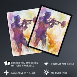 "Artery8 Trombonist Playing Jazz Music Watercolour Musical Framed Art Print in Purple - Size: W12"" x H16""" - thumbnail 2
