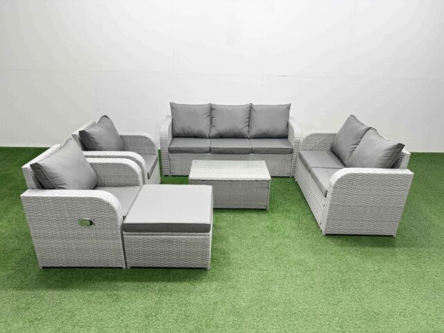 Fimous PE Rattan Garden Furniture Set Adjustable Chair Sofa Double Love Seat 2 Seater Sofa Lounge Set Oblong Coffee Table Big Footstool Light Grey - image 1