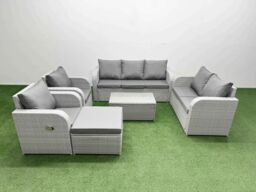 Fimous PE Rattan Garden Furniture Set Adjustable Chair Sofa Double Love Seat 2 Seater Sofa Lounge Set Oblong Coffee Table Big Footstool Light Grey - thumbnail 1