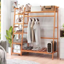 Living and Home Multi-Functional Bamboo Garment Clothes Rack 7-Tier Storage Shelf Coat Hanging Rack in Brown - thumbnail 3