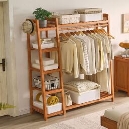 Living and Home Multi-Functional Bamboo Garment Clothes Rack 7-Tier Storage Shelf Coat Hanging Rack in Brown - thumbnail 9