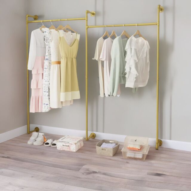 Pirlo Plush Industrial Heavy Duty Pipe Wall-Mounted Floating Shelf With Hanging Rails in Gold - image 1