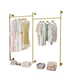 Pirlo Plush Industrial Heavy Duty Pipe Wall-Mounted Floating Shelf With Hanging Rails in Gold - thumbnail 5