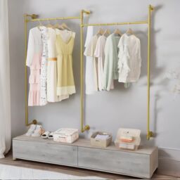 Pirlo Plush Industrial Heavy Duty Pipe Wall-Mounted Floating Shelf With Hanging Rails in Gold - thumbnail 4