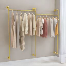 Pirlo Plush Industrial Heavy Duty Pipe Wall-Mounted Floating Shelf With Hanging Rails in Gold - thumbnail 2