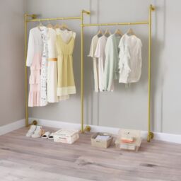Pirlo Plush Industrial Heavy Duty Pipe Wall-Mounted Floating Shelf With Hanging Rails in Gold - thumbnail 1