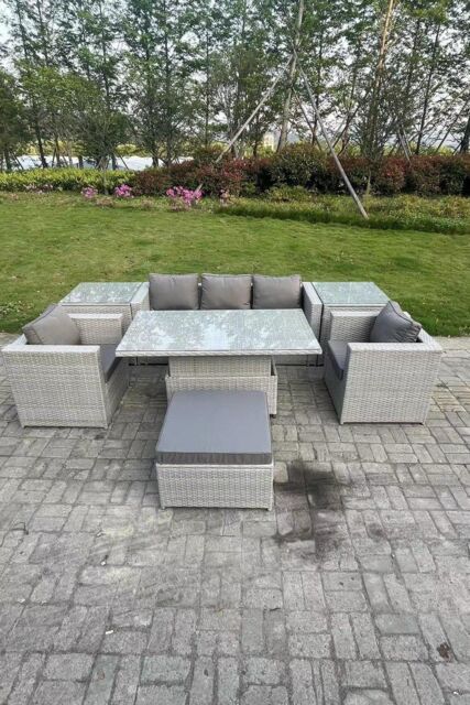 Fimous Rattan Garden Funiture Set Adjustable Rising Lifting Table Sofa Dining Set 2 Arm Chair in Light Grey - image 1