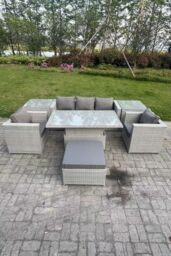 Fimous Rattan Garden Funiture Set Adjustable Rising Lifting Table Sofa Dining Set 2 Arm Chair in Light Grey - thumbnail 2