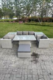 Fimous Rattan Garden Funiture Set Adjustable Rising Lifting Table Sofa Dining Set 2 Arm Chair in Light Grey - thumbnail 1