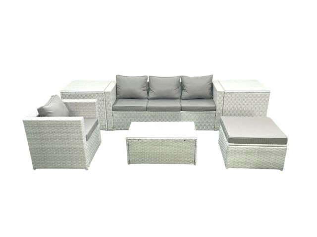Fimous 6 Pieces Rattan Garden Furniture Set Outdoor Garden Sofa Chair Coffee Table Set with 2 Side Tables Big Footstool Light Grey Mixed - image 1