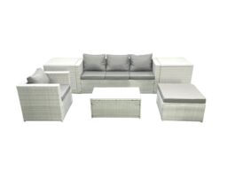Fimous 6 Pieces Rattan Garden Furniture Set Outdoor Garden Sofa Chair Coffee Table Set with 2 Side Tables Big Footstool Light Grey Mixed - thumbnail 1