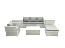 Fimous 6 Pieces Rattan Garden Furniture Set Outdoor Garden Sofa Chair Coffee Table Set with 2 Side Tables Big Footstool Light Grey Mixed - thumbnail 2