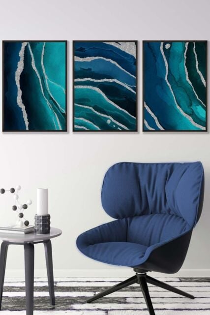 ARTZE Abstract Teal Blue Silver Strokes Framed Wall Art - Medium in Black - Size: W45 cm x H62 cm x D20mm - image 1