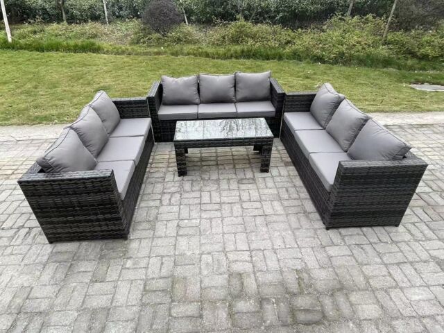 Fimous Outdoor 3 PC Three Seater Ssofa Rattan Garden Furniture Lounge Sofa Set With Coffee Table in Dark Grey - image 1