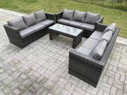 Fimous Outdoor 3 PC Three Seater Ssofa Rattan Garden Furniture Lounge Sofa Set With Coffee Table in Dark Grey - thumbnail 2