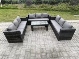 Fimous Outdoor 3 PC Three Seater Ssofa Rattan Garden Furniture Lounge Sofa Set With Coffee Table in Dark Grey - thumbnail 1