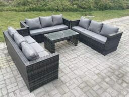 Fimous Outdoor 3 PC Three Seater Ssofa Rattan Garden Furniture Lounge Sofa Set With Coffee Table in Dark Grey - thumbnail 3