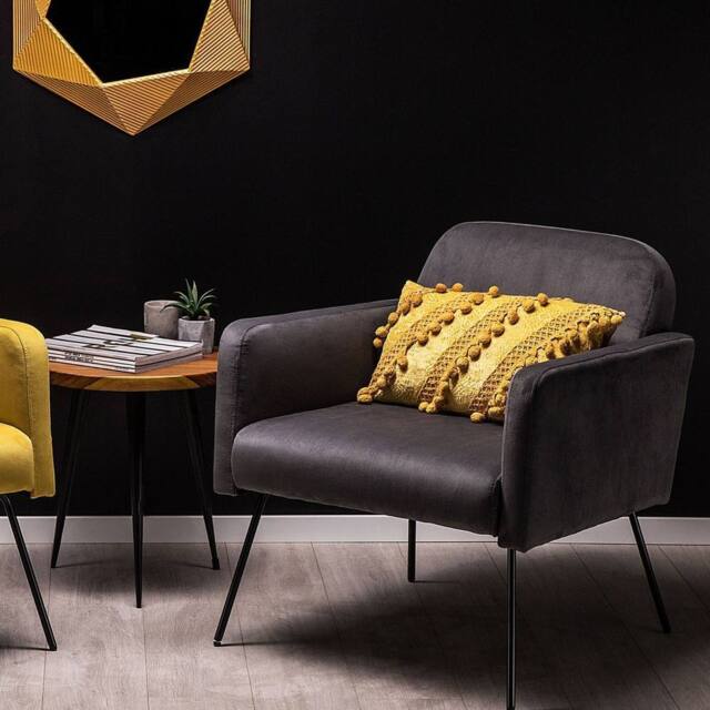 Wyld and Coco Armchair Grey Velvet Black Metal Legs - image 1