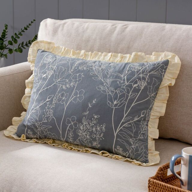 Wylder Mae Embroidered 100% Cotton Cushion in Blue - Size: 50 cm x 35 cm - image 1