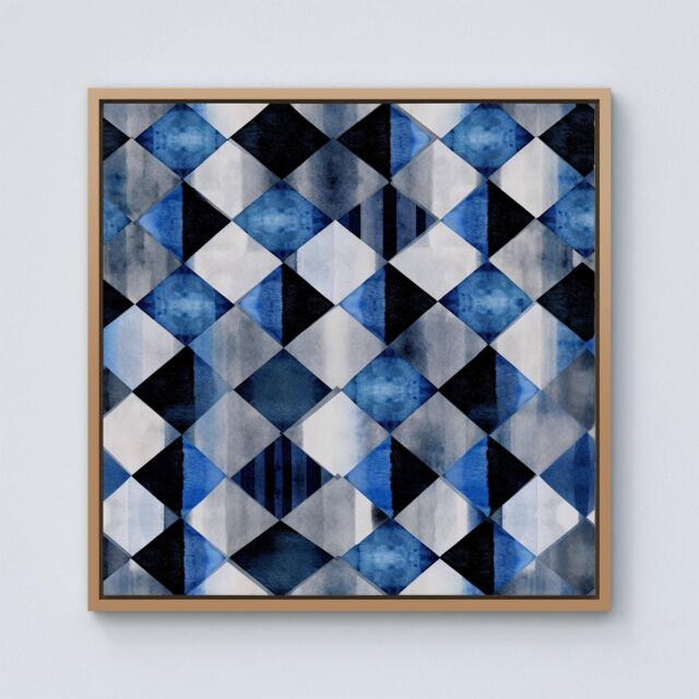 "Warren Reed - Designer Square Checkered Pattern Framed Canvas in Light Brown - Size: W16"" x H16""" - image 1