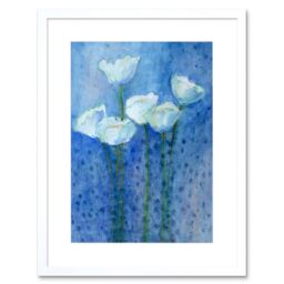 "Artery8 Wall Art Print Flower White Tulips On Blue Art Framed 9x7 inch - Size: W7"" x H9""" - thumbnail 1