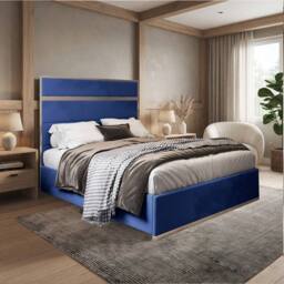 Casani Flookburgh Upholstered Soft Velvet Blue Metal Designer Bed Frame - Size: Double - thumbnail 1