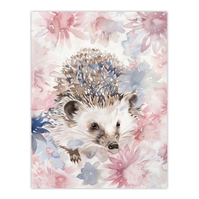 "Artery8 Watercolour Hedgehog & Flowers Pink Pastel Wall Art Print - Size: W24"" x H32""" - image 1