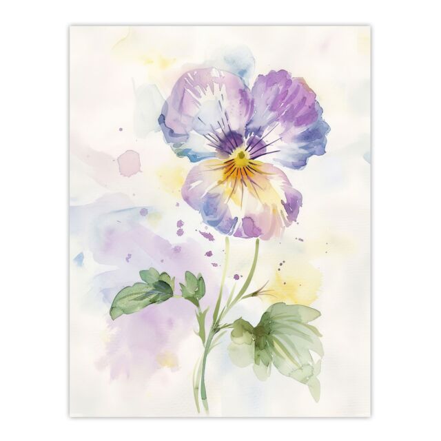 "Artery8 Single Purple Pansy Simple Floral Watercolour Wall Art Print - Size: W24"" x H32""" - image 1