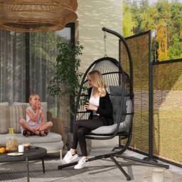 OUTSUNNY Rattan Hanging Egg Chair with Stand, Cushion, Foldable Hammock Chair, Dark Grey
