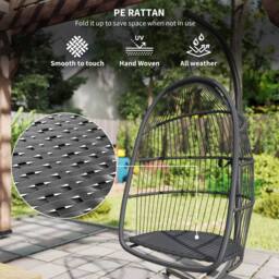 OUTSUNNY Rattan Hanging Egg Chair with Stand, Cushion, Foldable Hammock Chair, Dark Grey - thumbnail 6