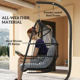 OUTSUNNY Rattan Hanging Egg Chair with Stand, Cushion, Foldable Hammock Chair, Dark Grey - thumbnail 4