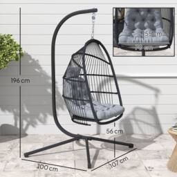 OUTSUNNY Rattan Hanging Egg Chair with Stand, Cushion, Foldable Hammock Chair, Dark Grey - thumbnail 3