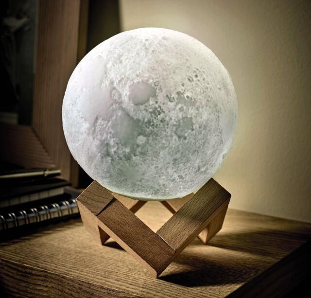 mysmartbuy Colour Changing 3D Moon Lamp - USB Rechargeable Night Light with Wooden Stand - Measures H16 x 11cm Diameter - Size: 16 x 11 cm - image 1