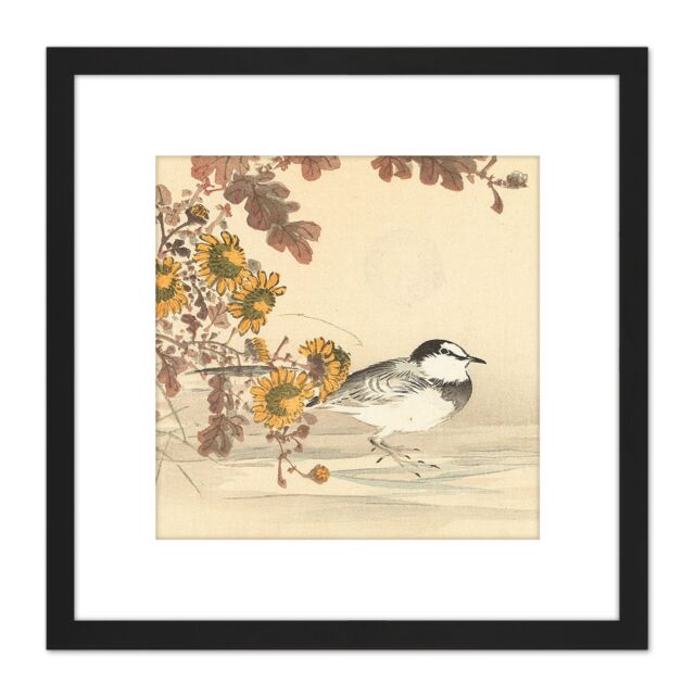 Artery8 Kono Bairei Wagtail Bird Flowers Japan Woodblock 8X8 Inch Square Wooden Framed Wall Art Print Picture with Mount in Black - image 1