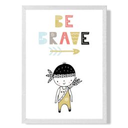 ARTZE Cute Colourful Be Brave Little Boy Scandi Quote Framed Print SIZE: A4 with White Frame in Pale Blue - thumbnail 1