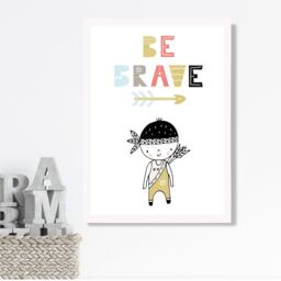 ARTZE Cute Colourful Be Brave Little Boy Scandi Quote Framed Print SIZE: A4 with White Frame in Pale Blue - thumbnail 2