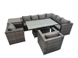 Fimous 8 Seater Rattan Height Adjustable Rising Lifting Table Corner Sofa Set in Dark Grey - thumbnail 1