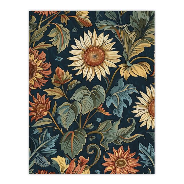 "Artery8 Sunflowers in Leaves Painting Classic Vintage Wall Art Print in Navy - Size: W24"" x H32""" - image 1