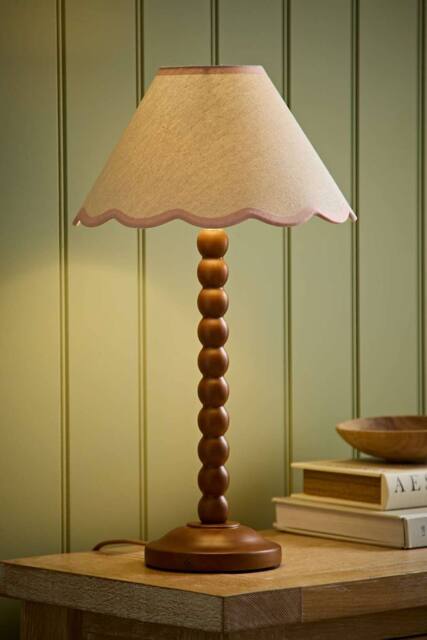 ValueLights Bobbin Colour Trim Linen Shade Walnut Bobble Table Lamp in Baby Pink - image 1