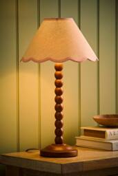 ValueLights Bobbin Colour Trim Linen Shade Walnut Bobble Table Lamp in Baby Pink - thumbnail 2