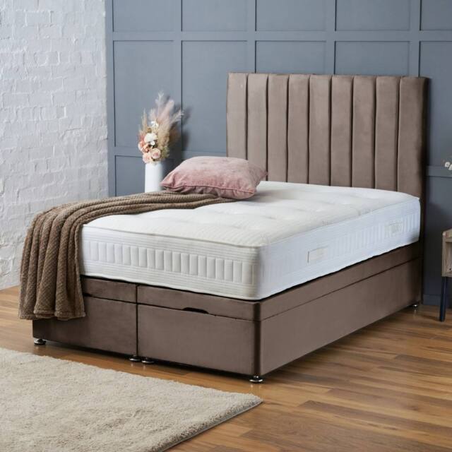 "BSSPOKE Aria Ottoman Divan Bed Plush Velvet 54"" Panel Headboard & No Mattress in Taupe - Size: King" - image 1